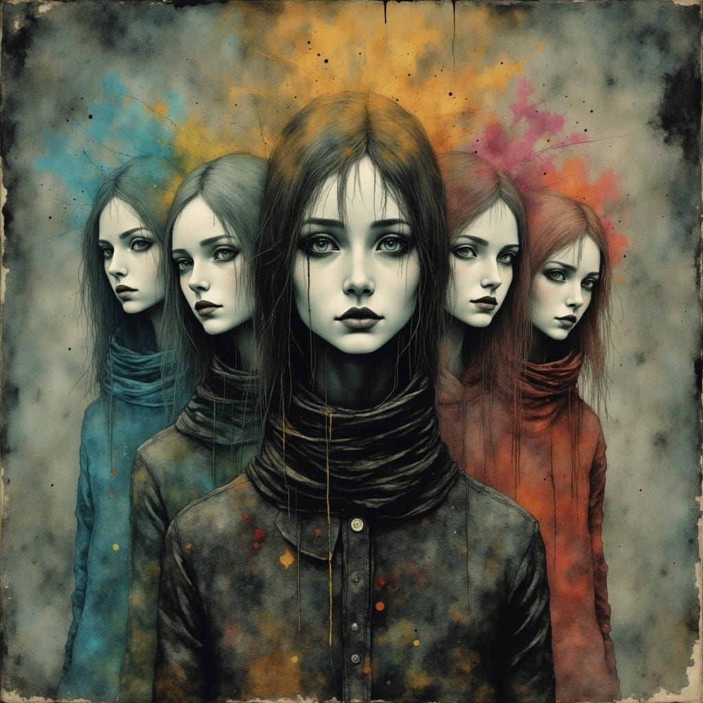 Girl with Multiple Personas in Volumetric Lighting