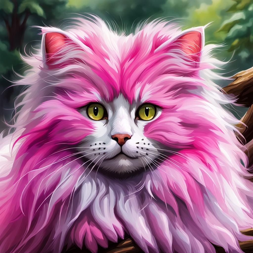 Fuchsia Angora Cat by Stream: Watercolor Art