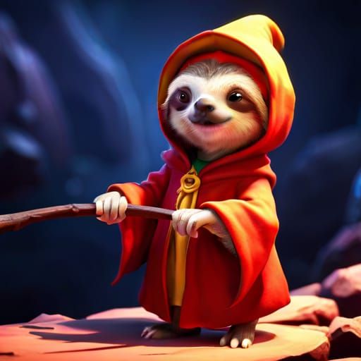 Sloth Wizard in Cave: 3D Render in Pixar Style