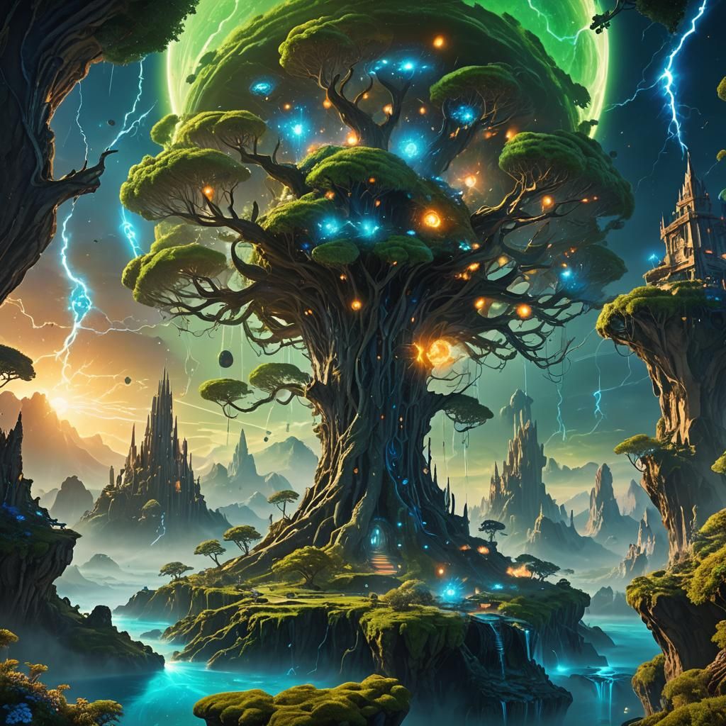 Mystical Planet with Iridescent Storms and Alien Flora