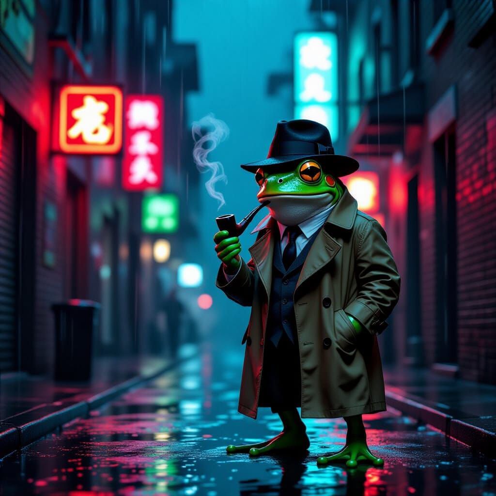 Film Noir Frog Detective in Rainy Alley