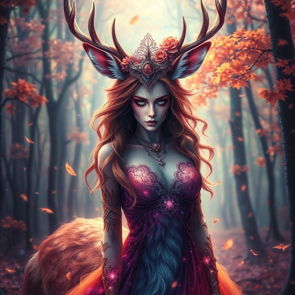 Deer Woman in Vibrant Forest Fantasy Art