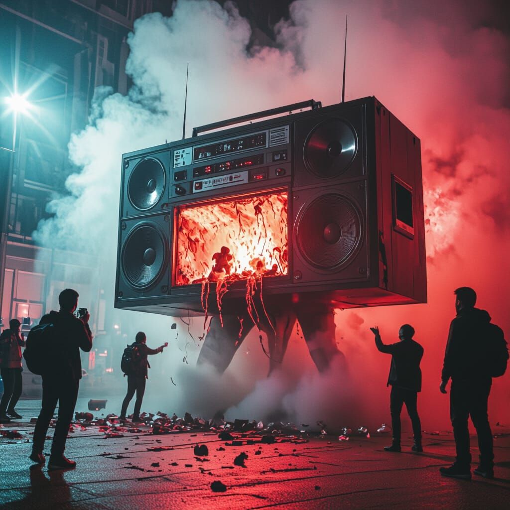 Giant Boombox Devouring People in Dark Sci-Fi Style
