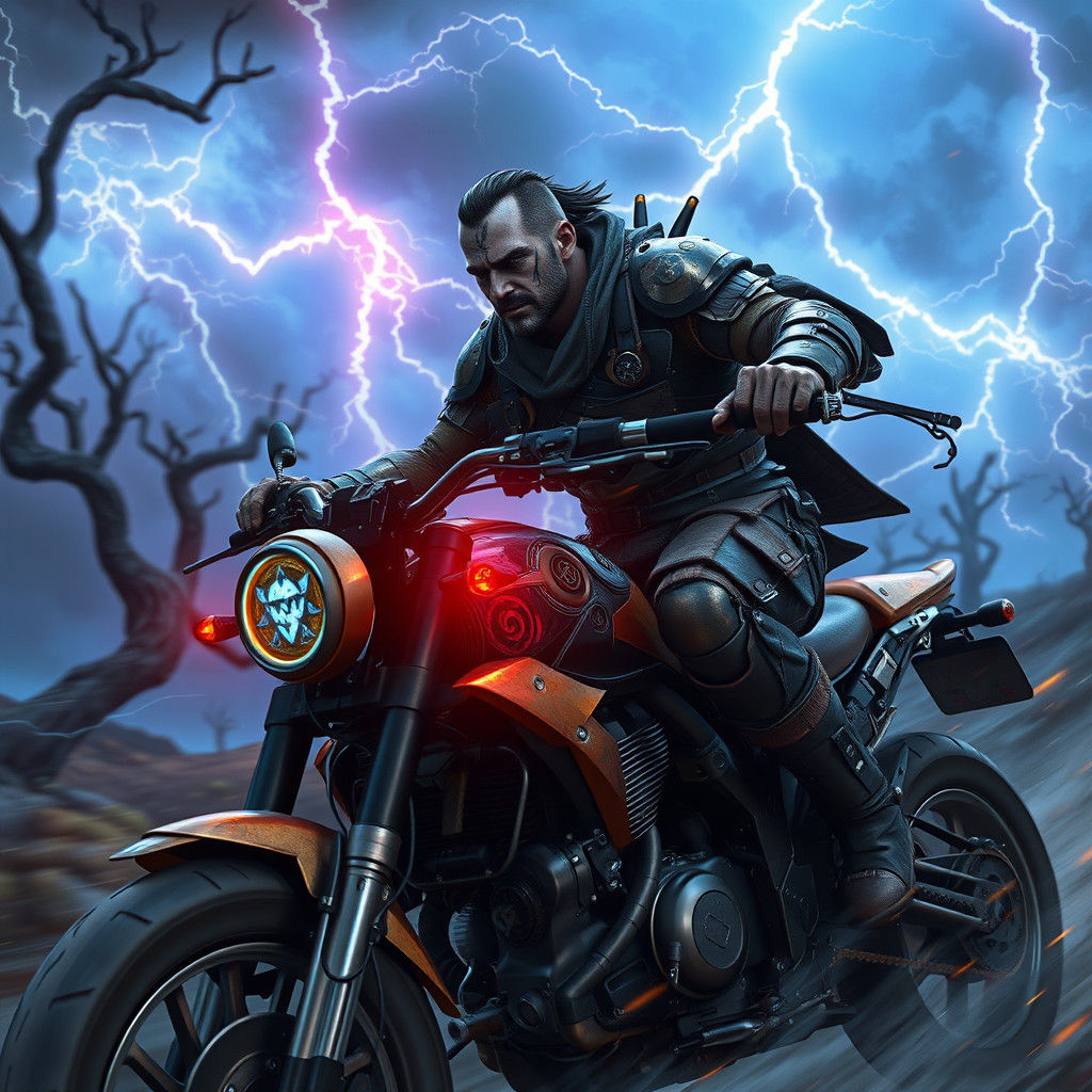 Cyborg Rider in Electric Storm, Cyberpunk Art