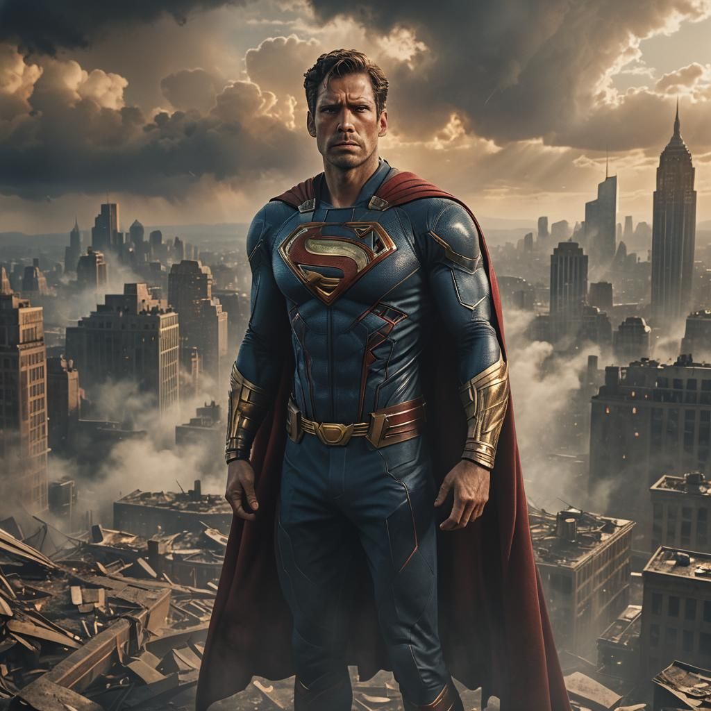 Weary Superhero in Shattered Cityscape, Cinematic Still