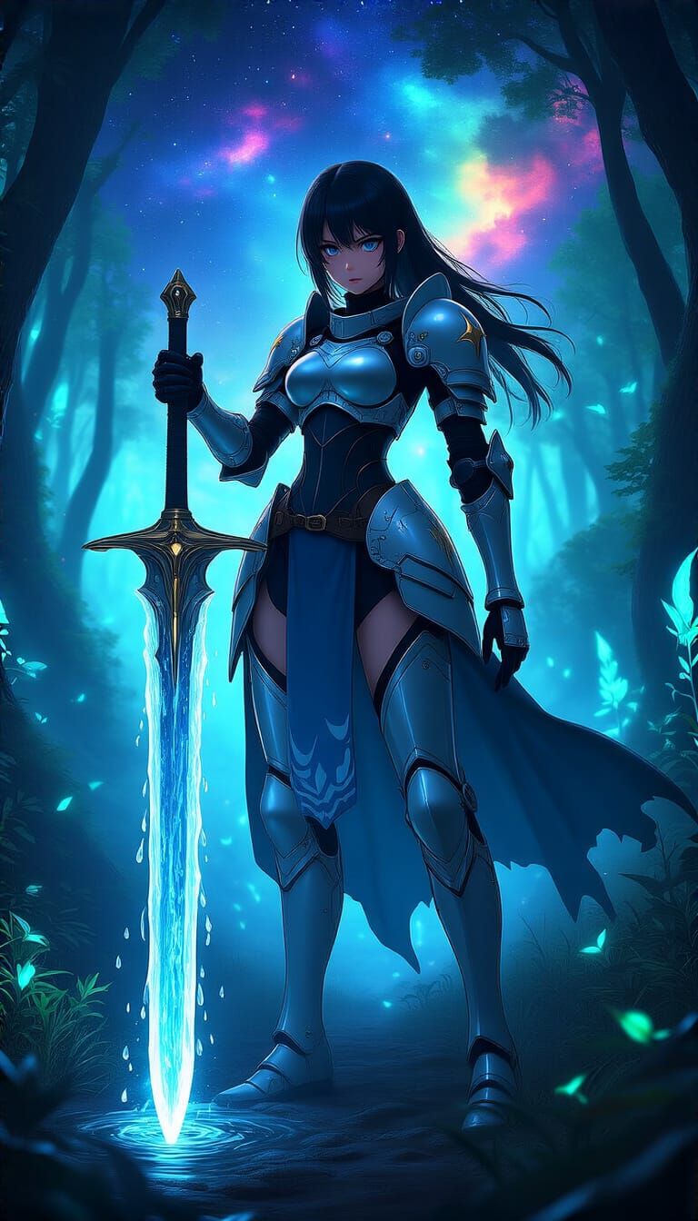 Anime Knight Girl with Water Sword in Alien Forest