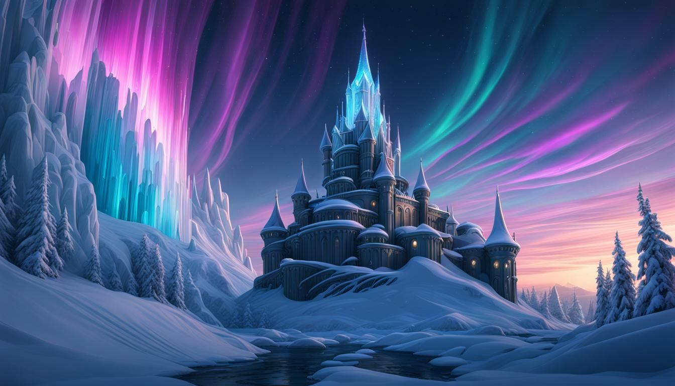 Glass Ice Castle Under Aurora in Art Deco Style