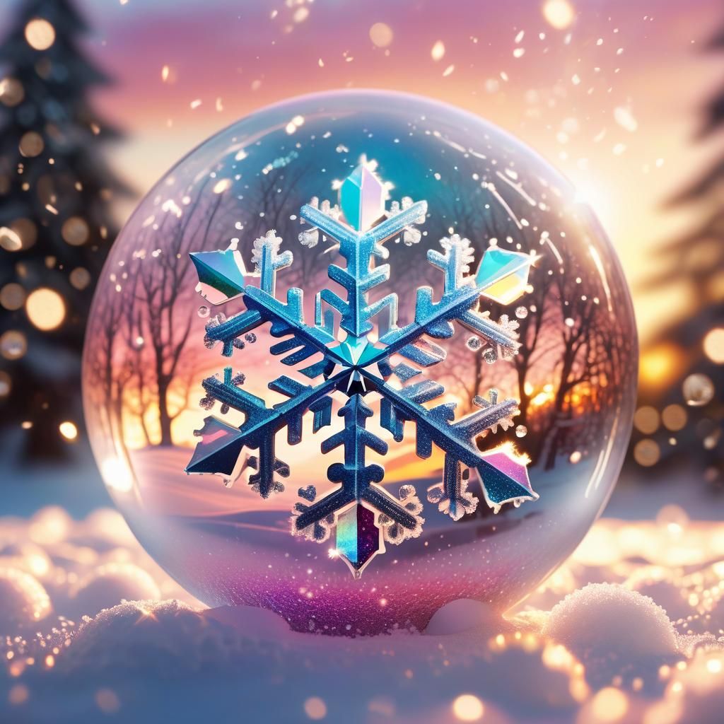 Iridescent Snowflake in Crystal Ball with Pink Sunset