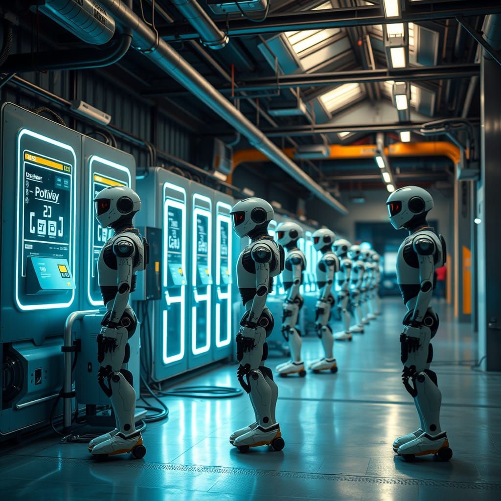 Futuristic Warehouse with Humanoid Delivery Robots