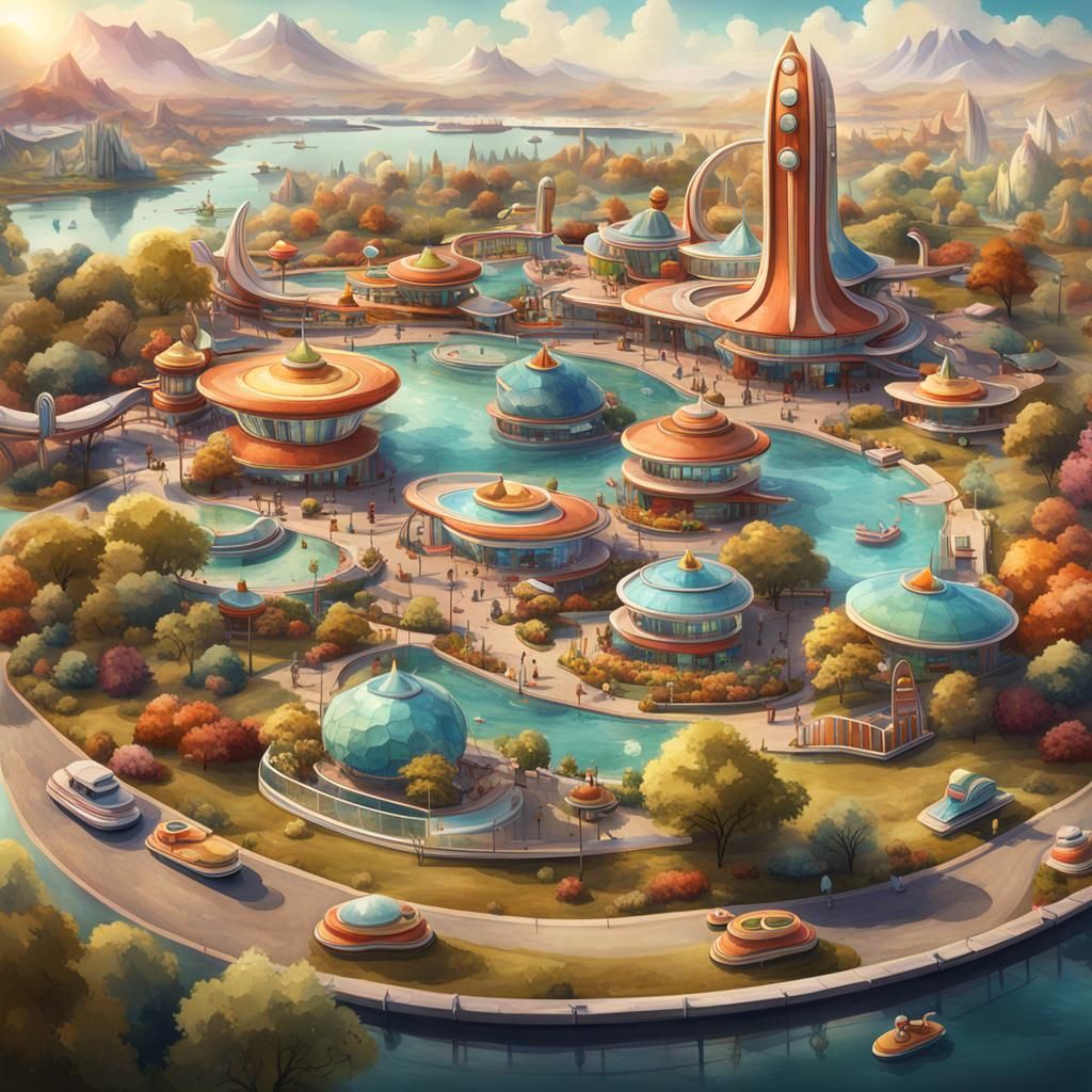 Whimsical Googie Amusement Park in Watercolor Style