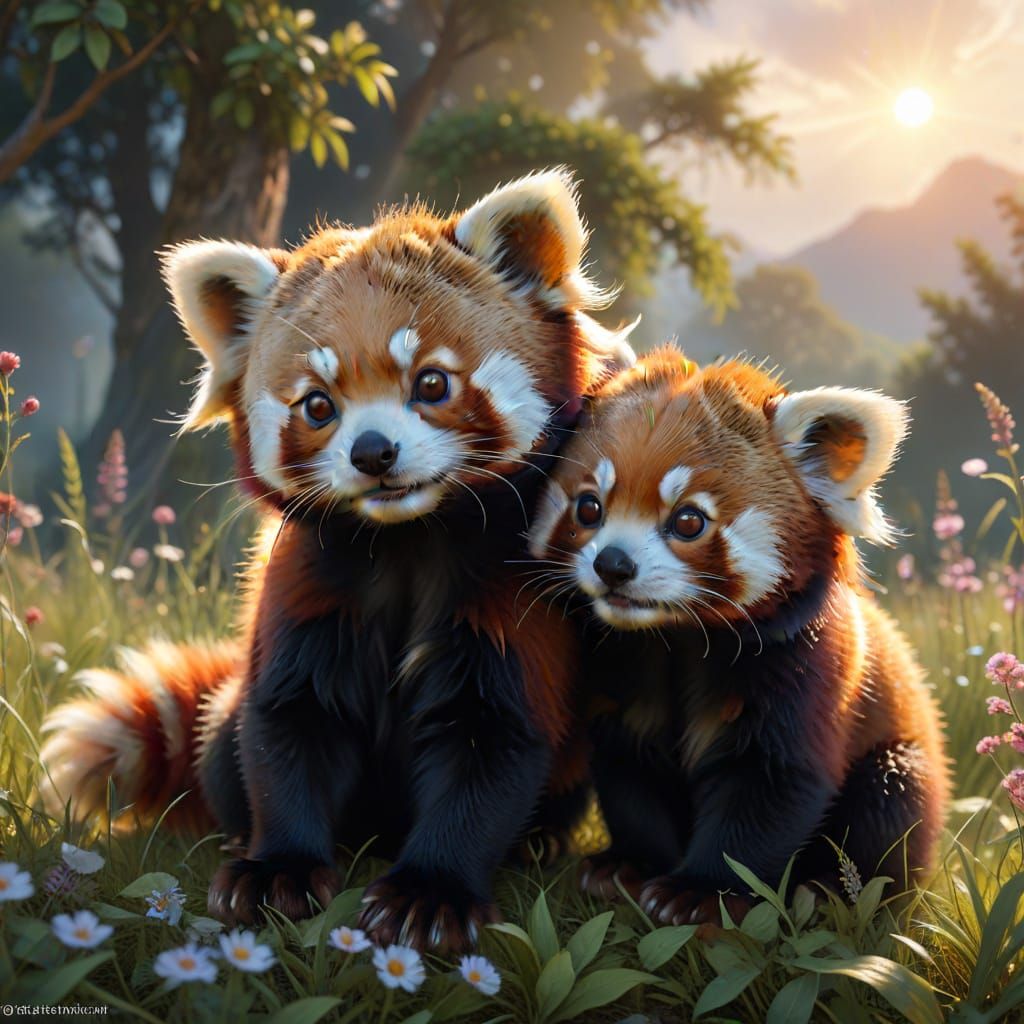 Adorable Baby Red Panda Twins in Sunset Meadow
