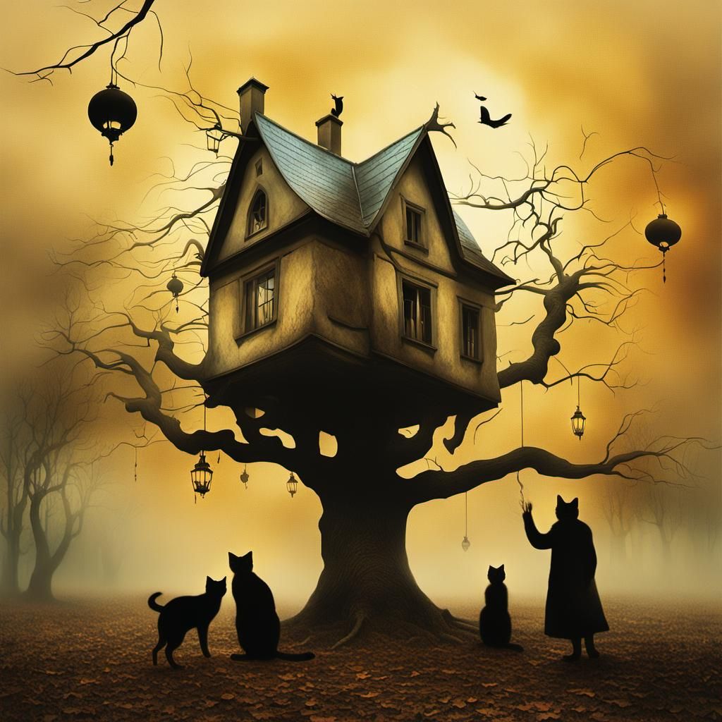 Surreal Haunted House Scene in Post-Impressionistic Style