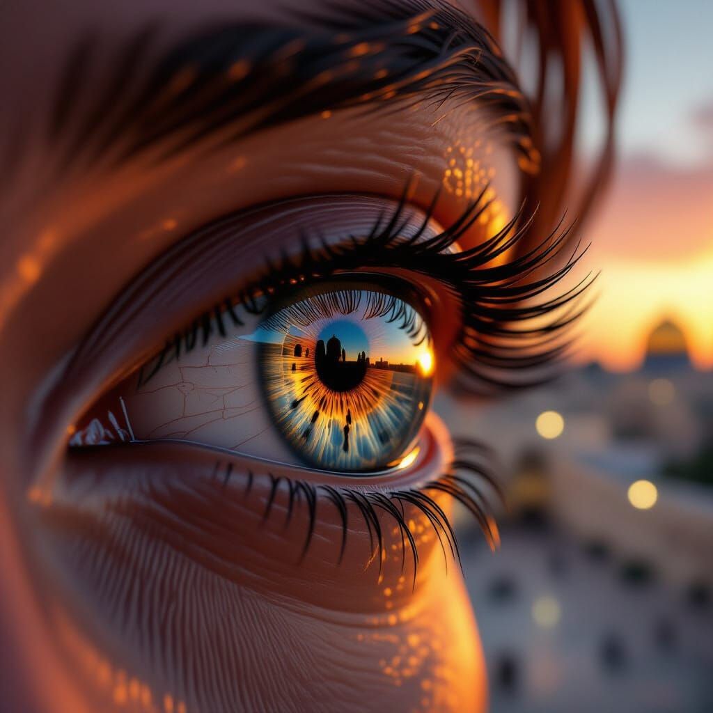 Eye Reflecting Western Wall Sunset in Hyperrealism