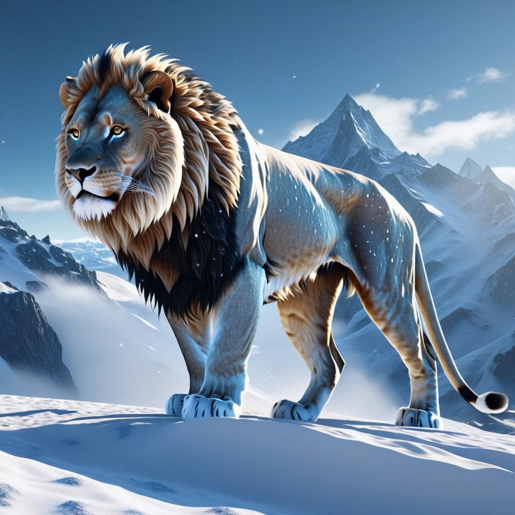 Intricate Lion of Snowy Mountains in Dark Fantasy