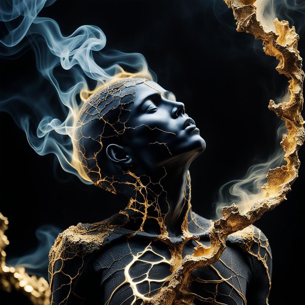 made of Smoke Visualize a symbolic representation of the concept of Kintsugi but applied to the human soul. Picture a su...