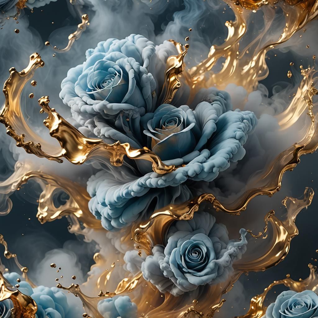 Smoky Rose Cloud in Liquid Gold: Ultra-Realistic Photo