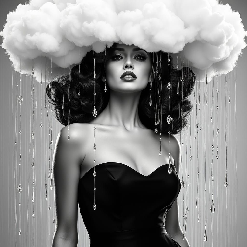 Glamorous Woman in Diamond Rain: A Surreal Black and White P...