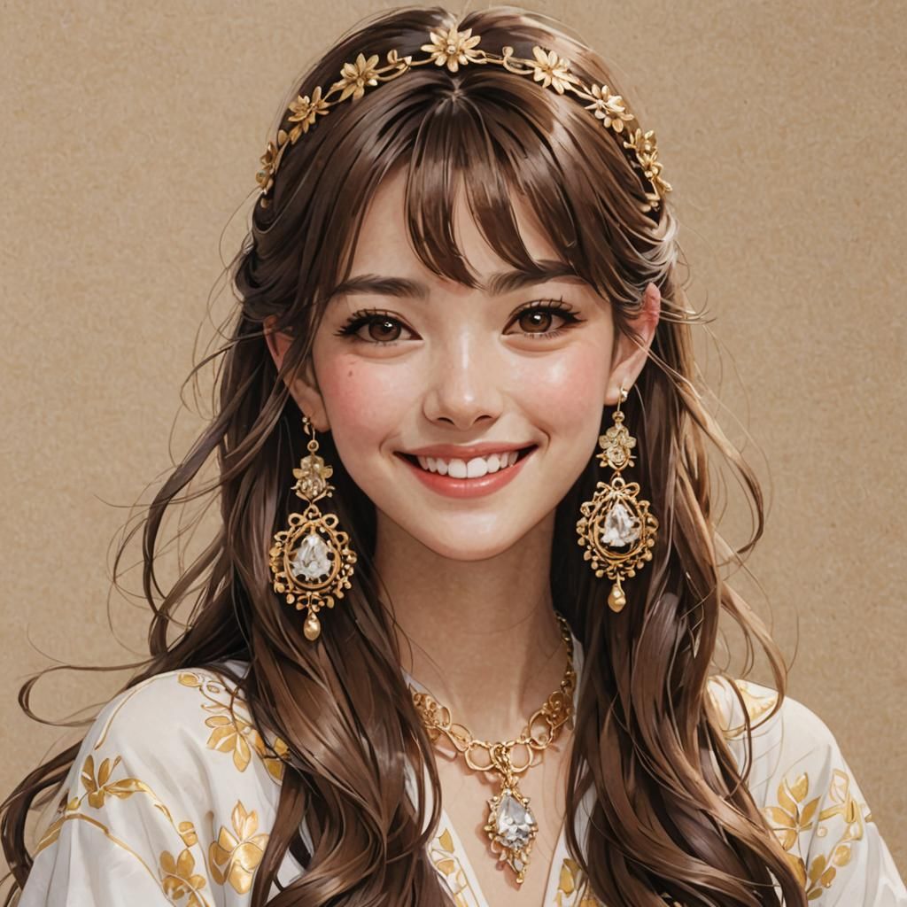 Smiling Brunette Portrait with Jewelry and Bangs