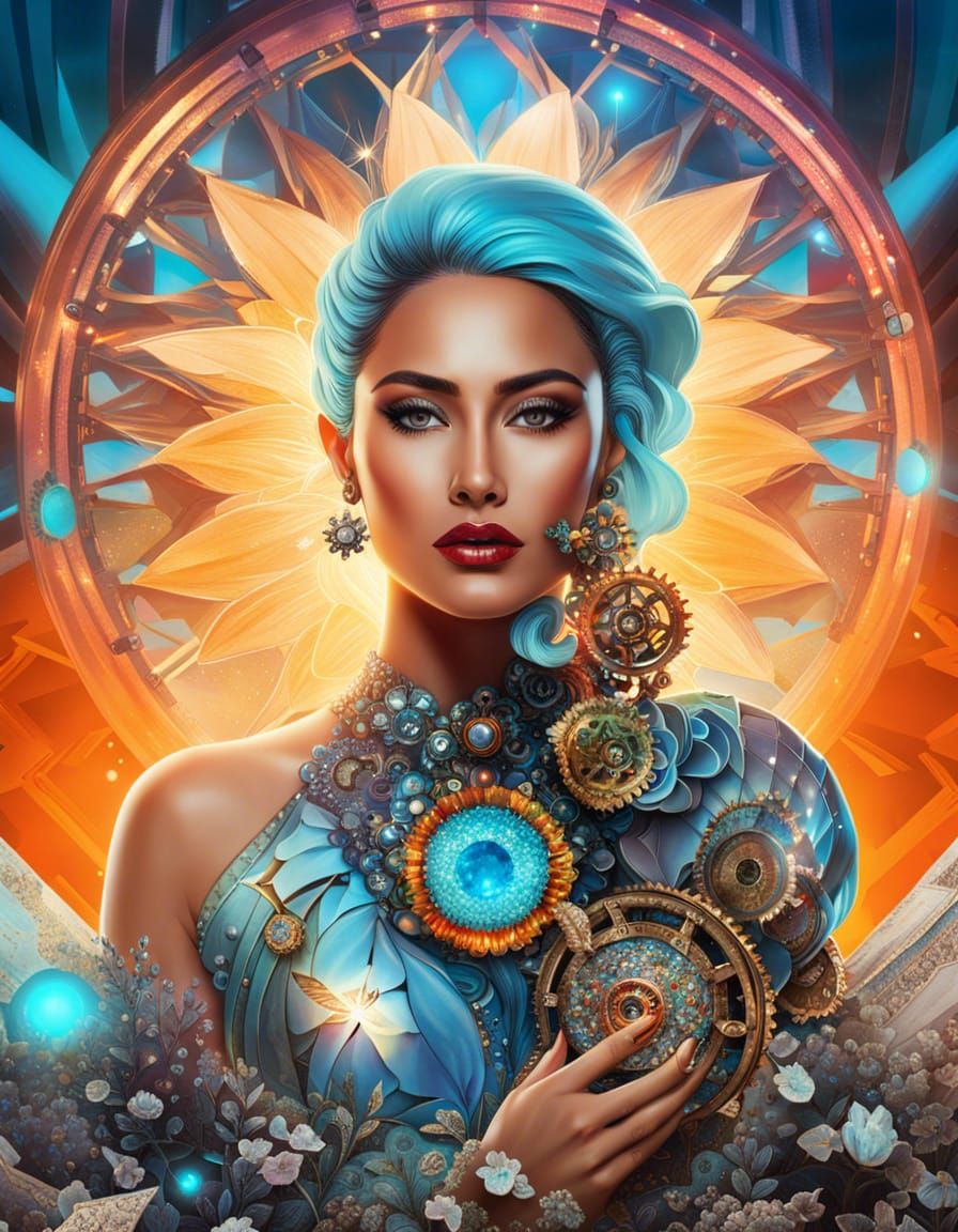 Futuristic Cyborg Woman with Flowers and Gears