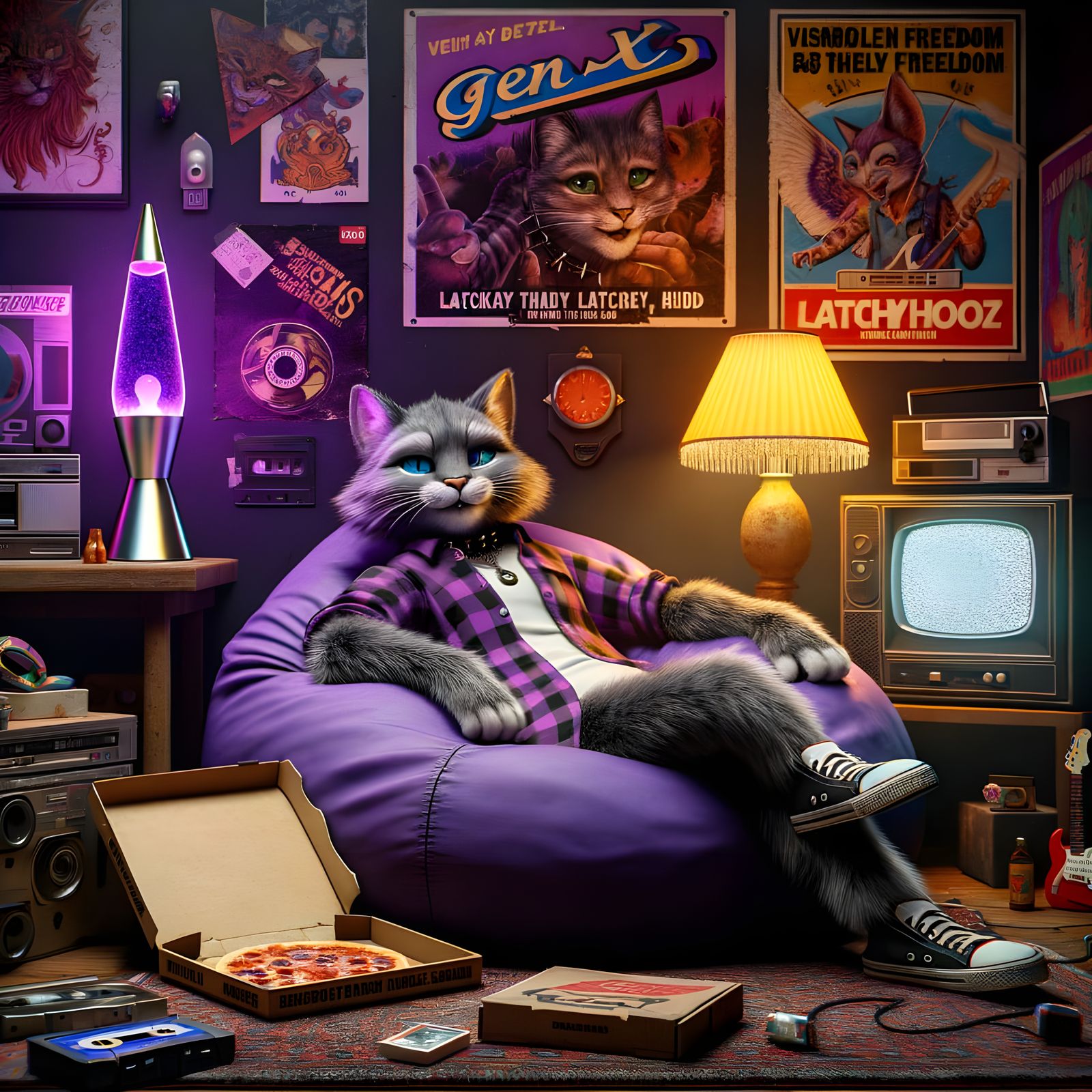 Gen X Cat Lounging in 90s Room in Dark Fantasy Style