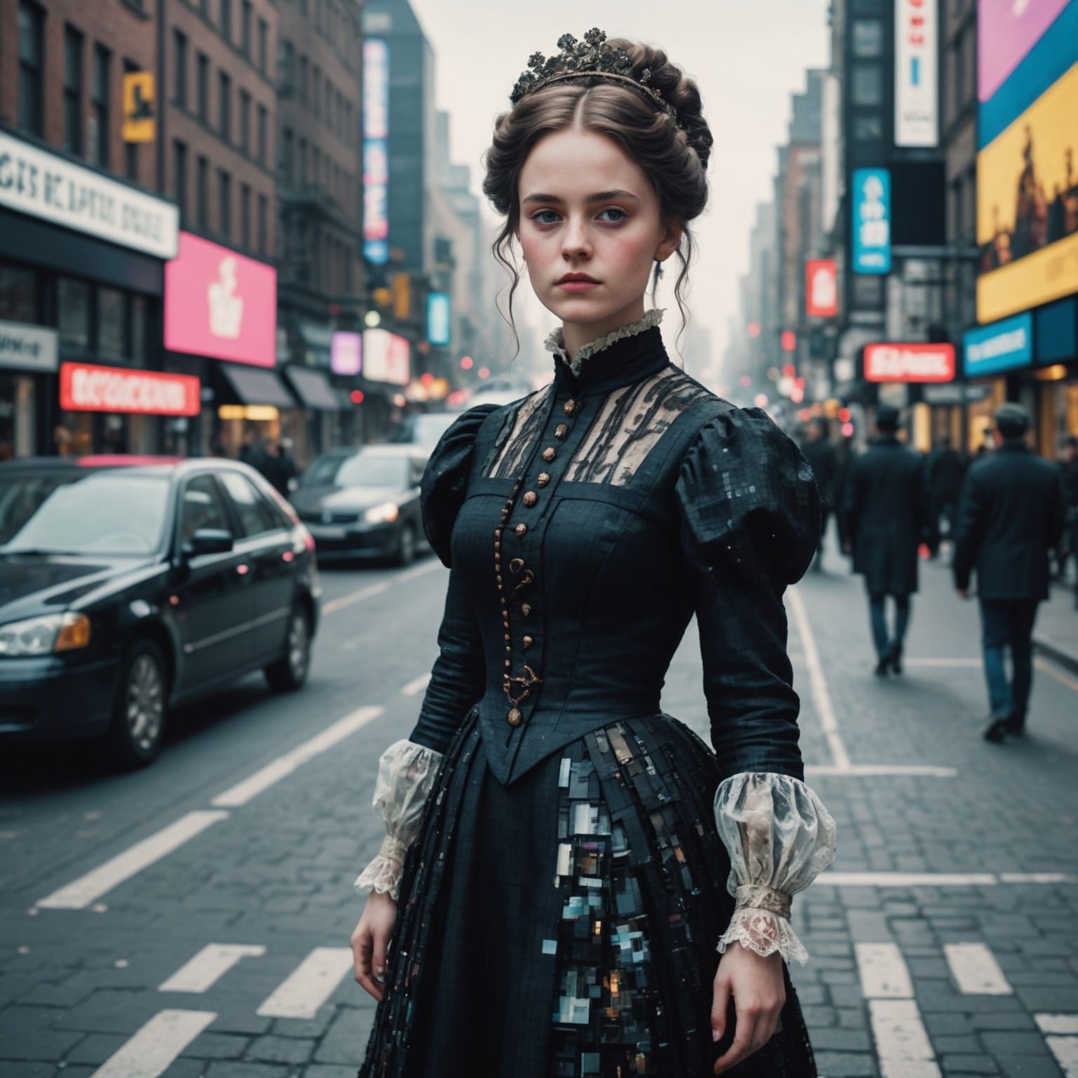 Glitching Victorian Girl in Modern Cityscape