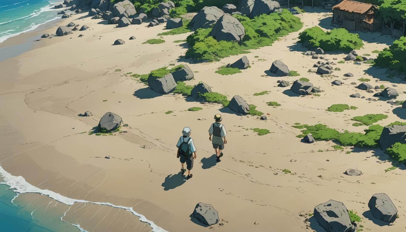 Family Beach Walk in Studio Ghibli Anime Style