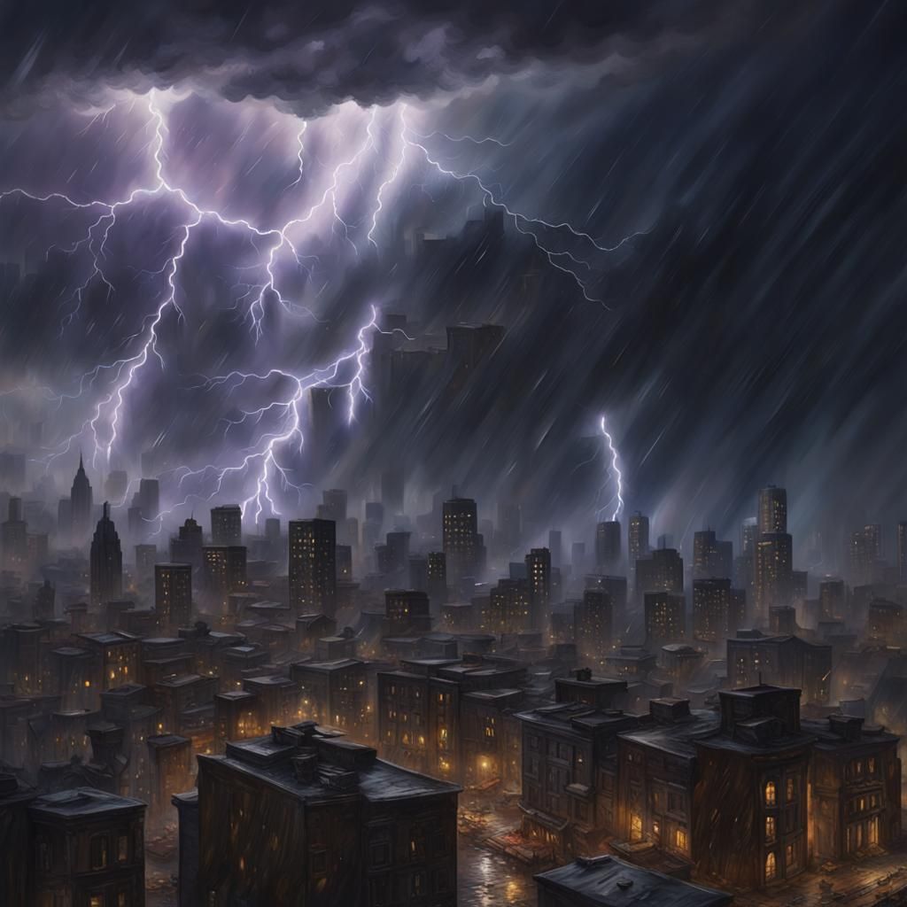 Cityscape Thunderstorm in Detailed Matte Painting