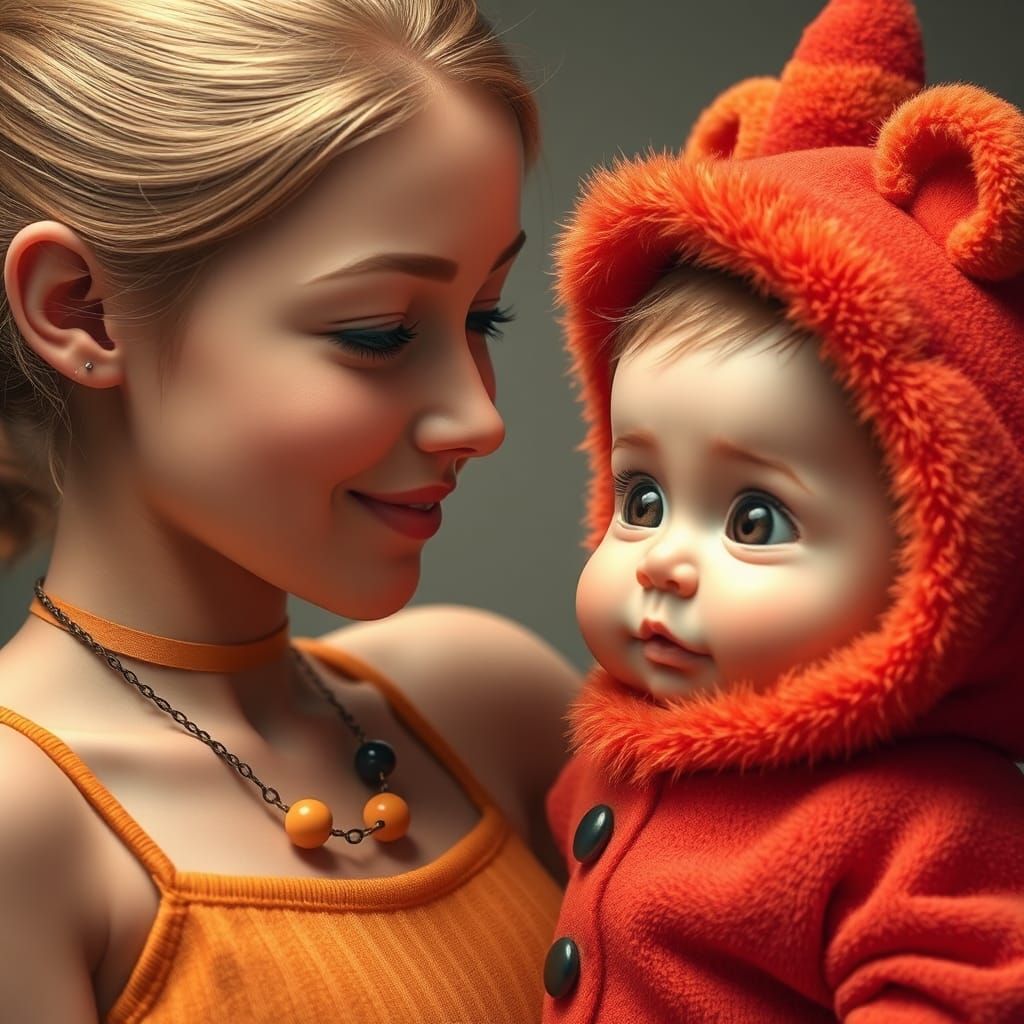 Loving Portrait of Mother and Baby in 3D Style