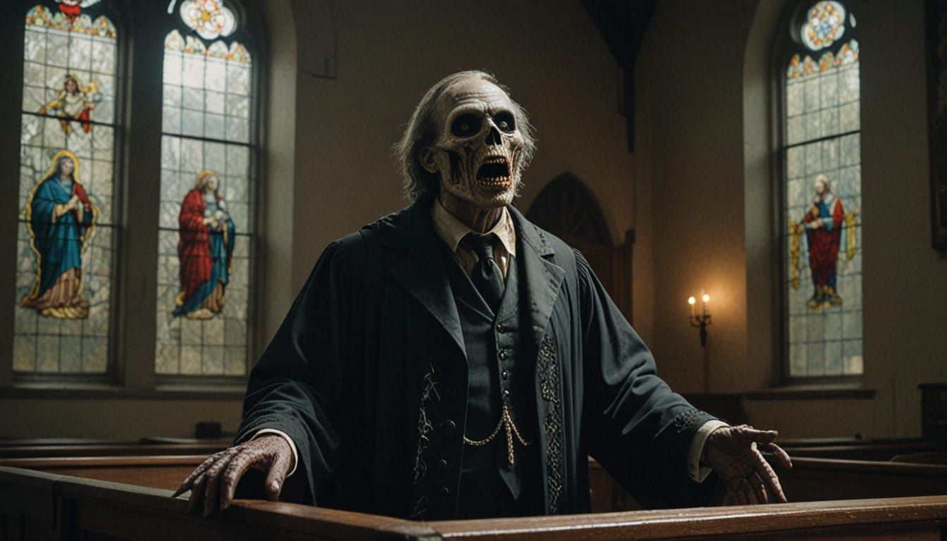 Zombie Pastor Delivers Dark Sermon in Moonlit Church