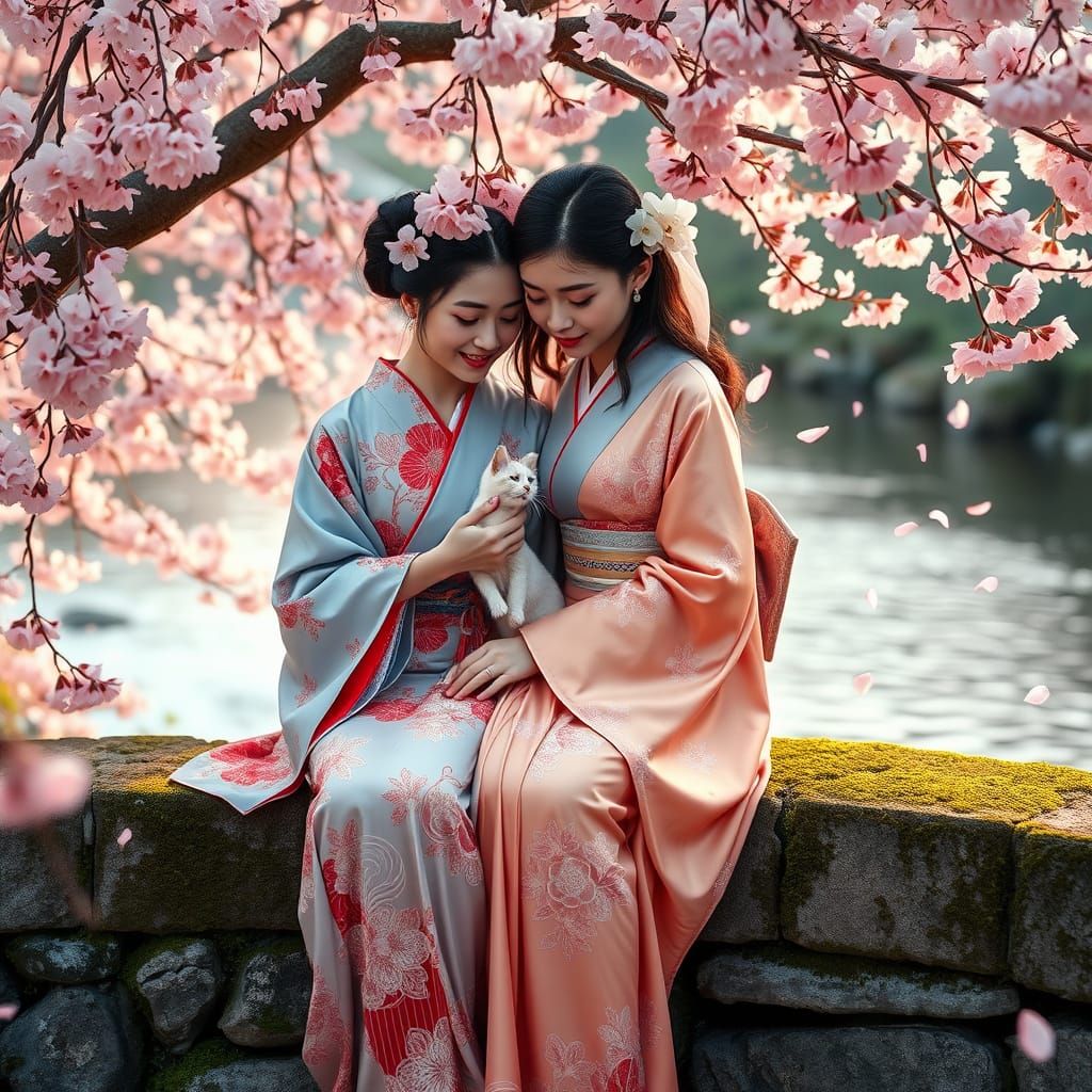 Women in Traditional Kimonos Amidst Cherry Blossoms