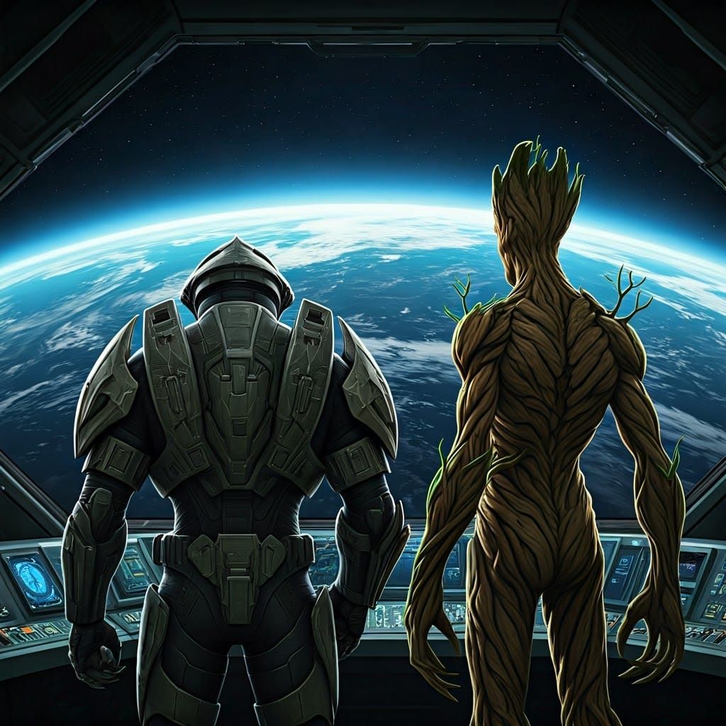 Arbiter and Groot on Spaceship in Comic Book Style