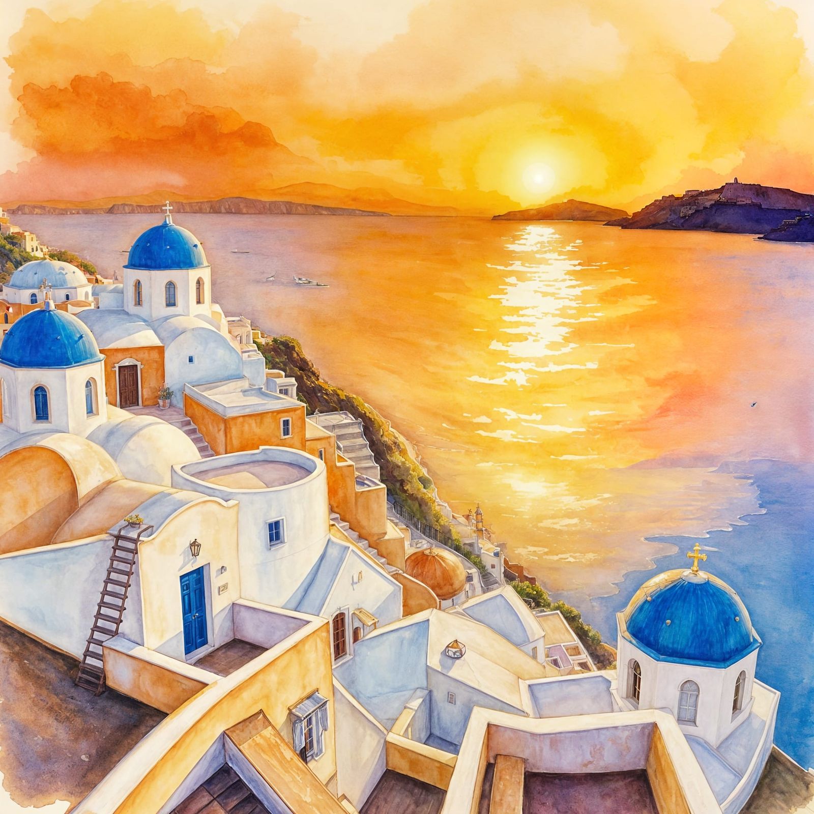 Santorini in Warm Impressionist Watercolor Style