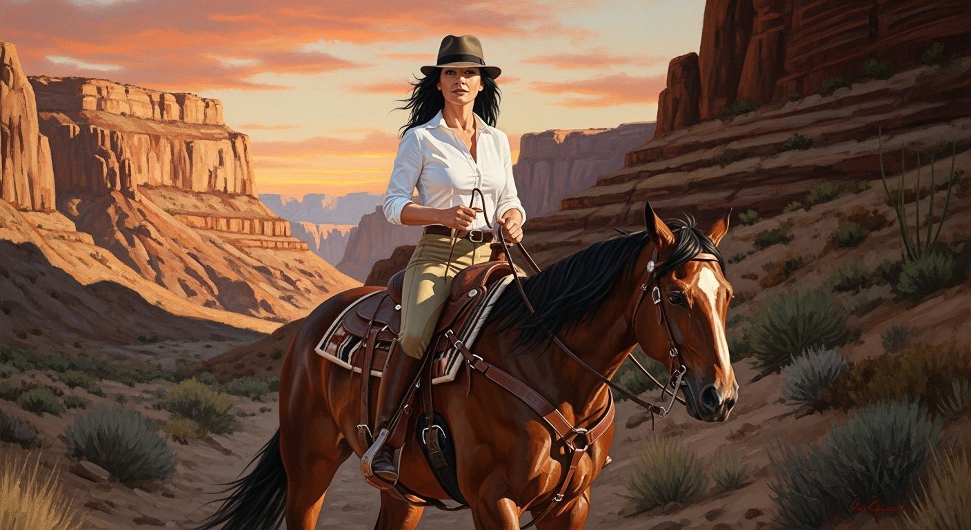 Catherine Zeta-Jones Rides Horse in Desert Canyon Oil Painti...