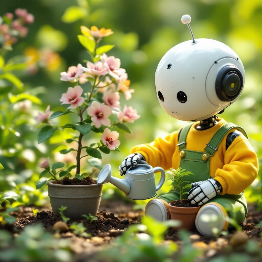 Cute Robot Tends Tiny Tree in Whimsical Garden