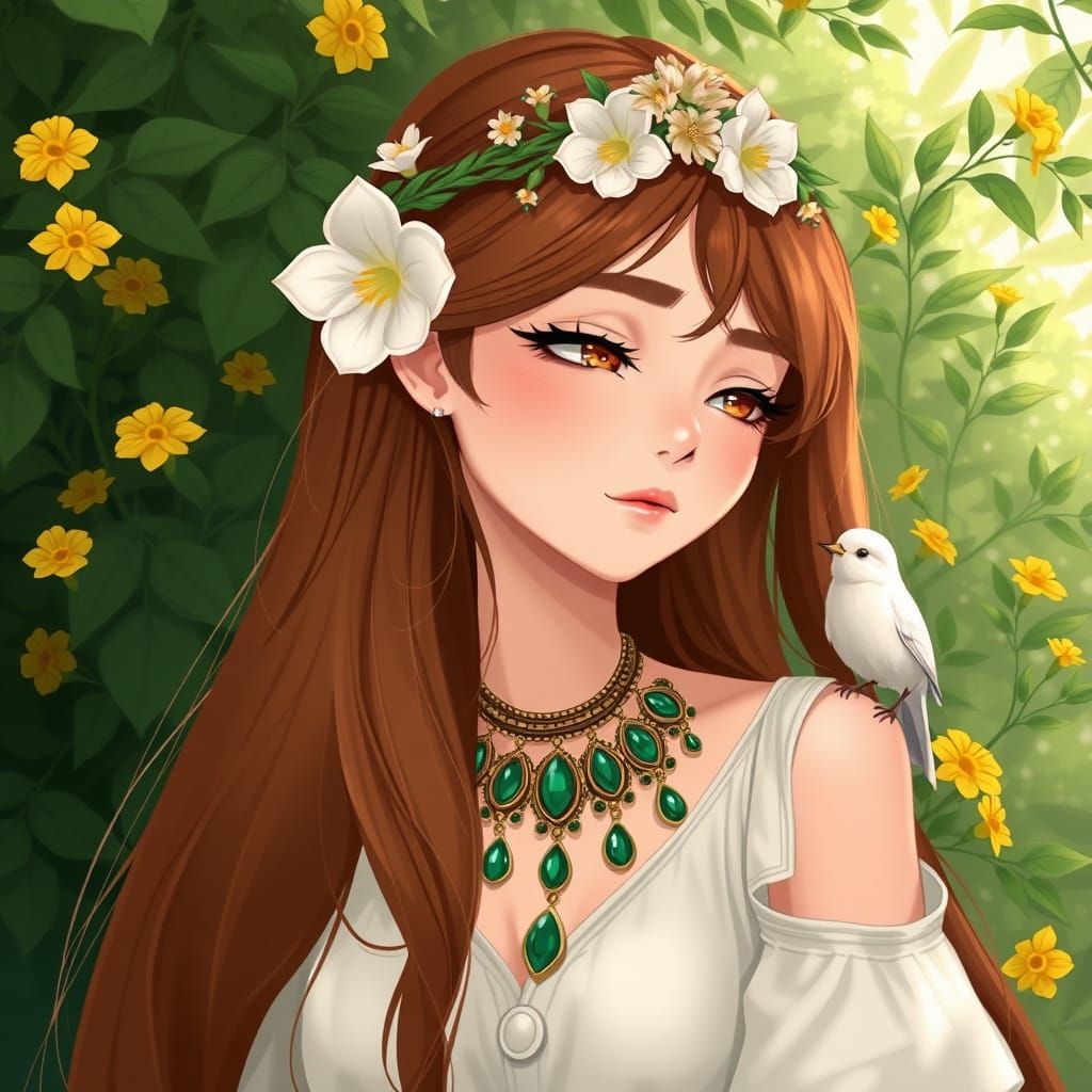 Ethereal Goddess in Floral Crown, Surrounded by Nature