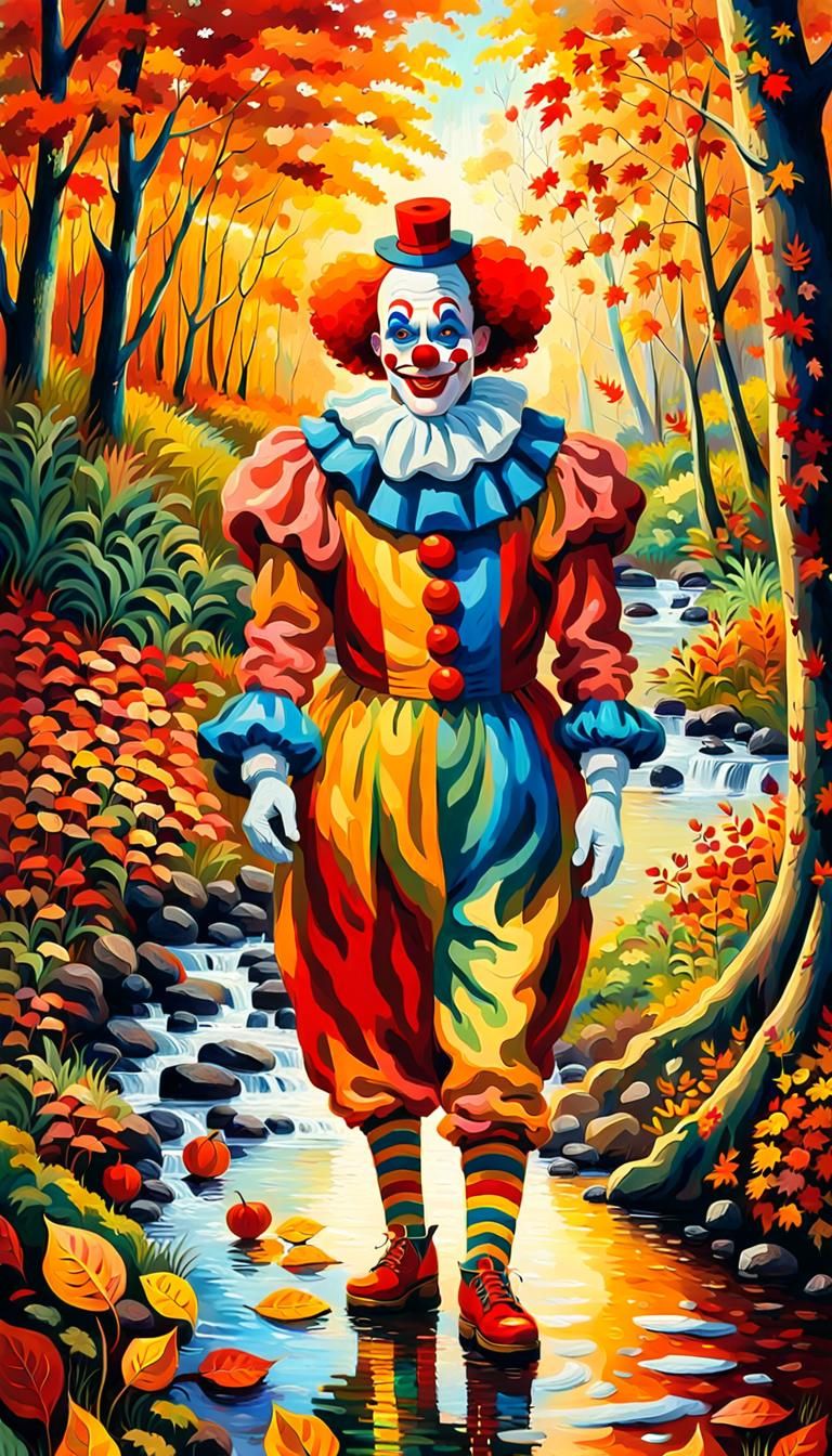 Happy Clown in Autumn Forest, Impressionist Oil Painting