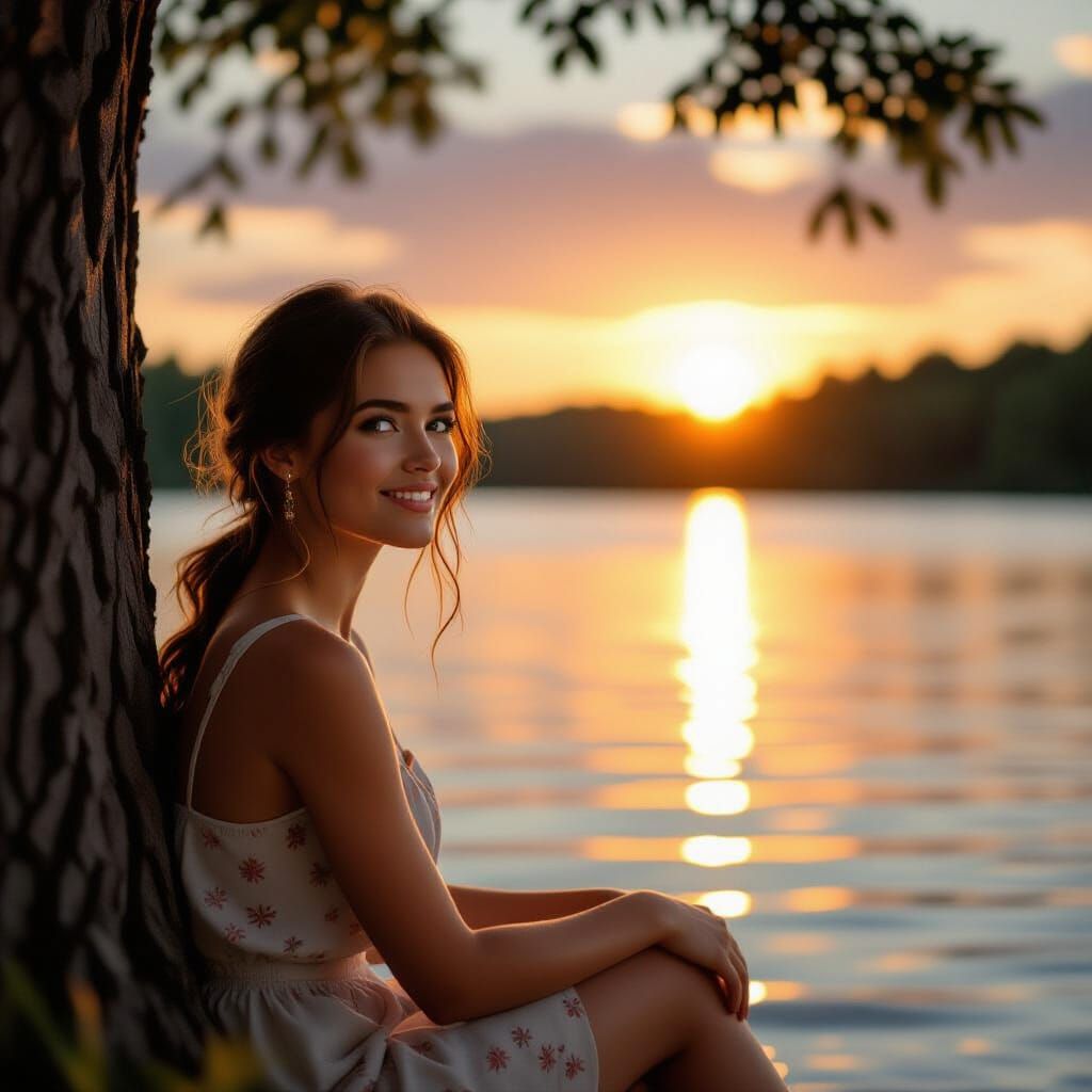 Young Woman Smiles by Lake at Sunset