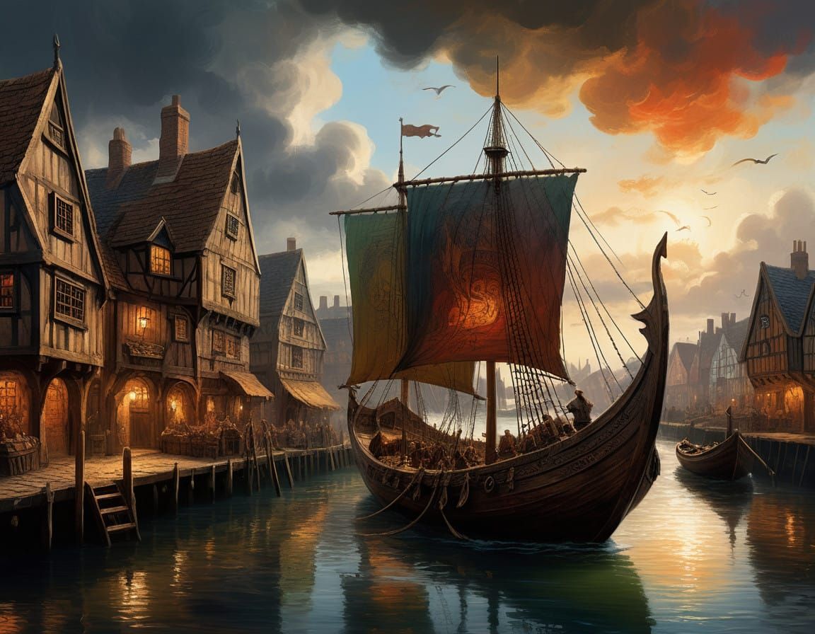 Viking Longship Arrives in Medieval Port