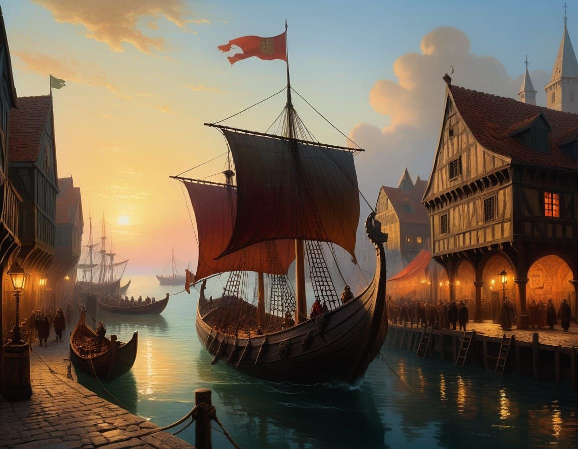 Medieval Merchant Port Scene in Dramatic Seascapes Style