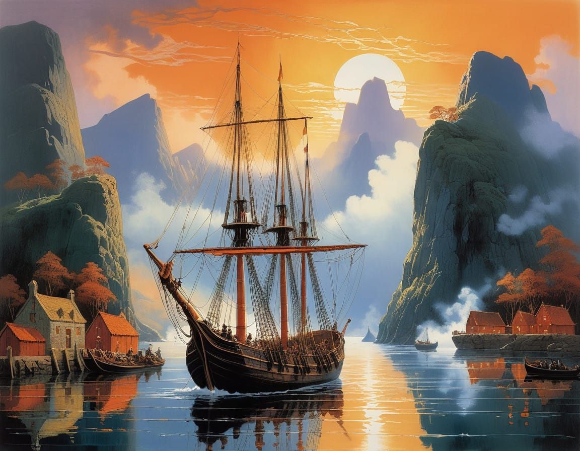 Viking Longship Enters Medieval Port in Golden Light