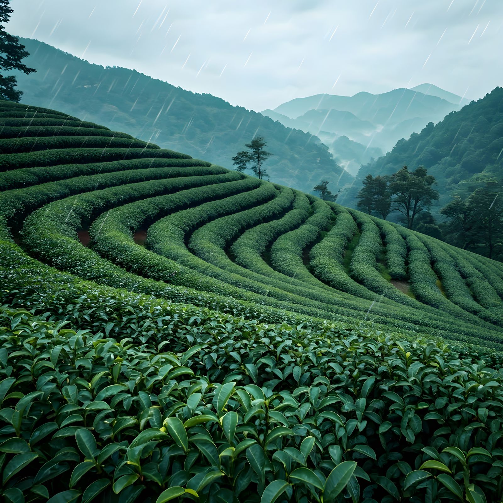 Lush Tea Plantation in Misty Rain
