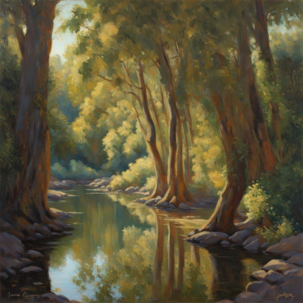 Mirrored Tropical Jungle Landscape as Oil Painting