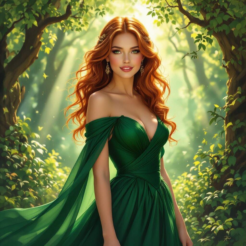 Woman in Emerald Gown in Sunlit Forest