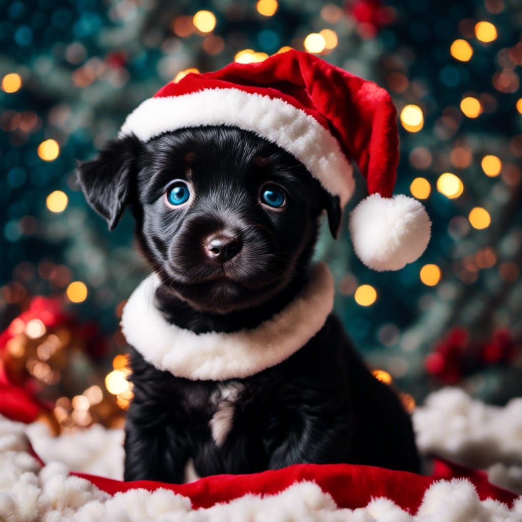 Cute Black Puppy in Santa Hat