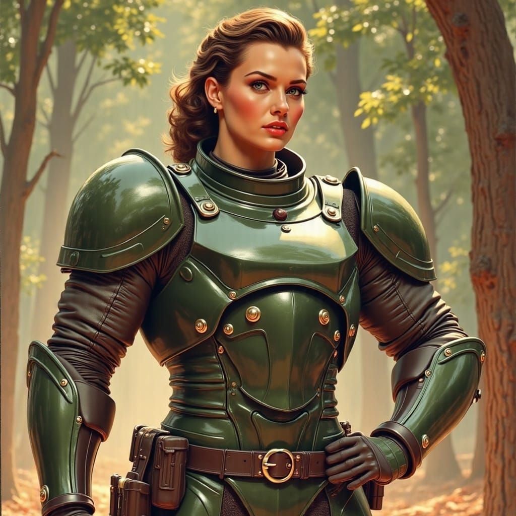 Cyberpunk Homemaker Repairs Power Armor in Pin-Up Style