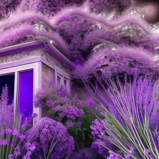 Purple crystal fractals witches house made of amethyst Crystal& glowing purple with A magical aura& purple flowers aroun...