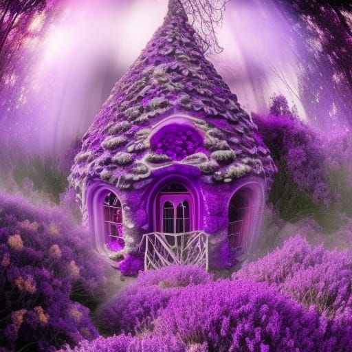 Purple crystal fractals witches house made of amethyst Crystal& glowing purple with A magical aura& purple flowers aroun...