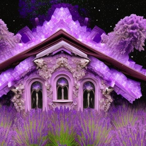 Purple crystal fractals witches house made of amethyst Crystal& glowing purple with A magical aura& purple flowers aroun...