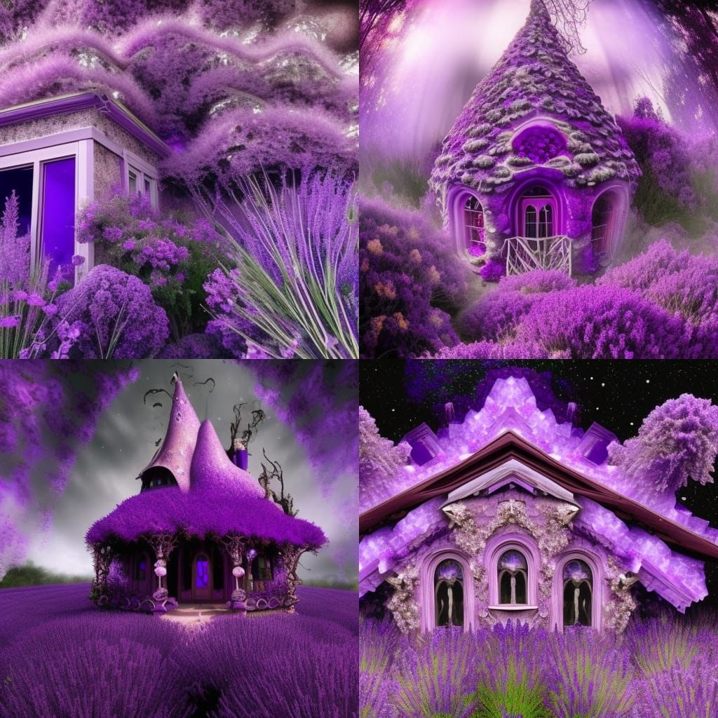 Purple crystal fractals witches house made of amethyst Crystal& glowing purple with A magical aura& purple flowers aroun...