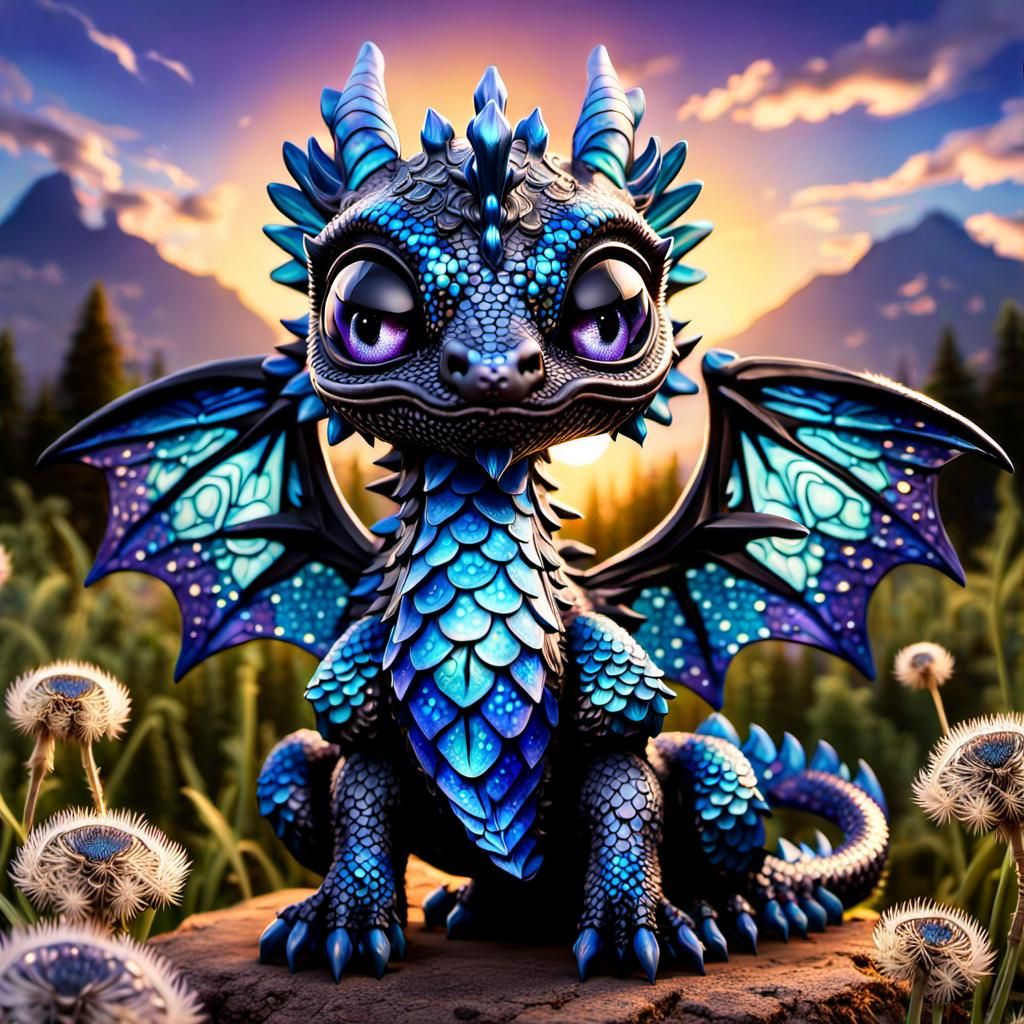 Chibi Dragon with Dandelion in Whimsy Gothic Style